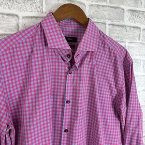 Hugo Boss Light Blue & Red Gingham LS Button Up Dress Shirt Mens 17.5 Slim Fit
